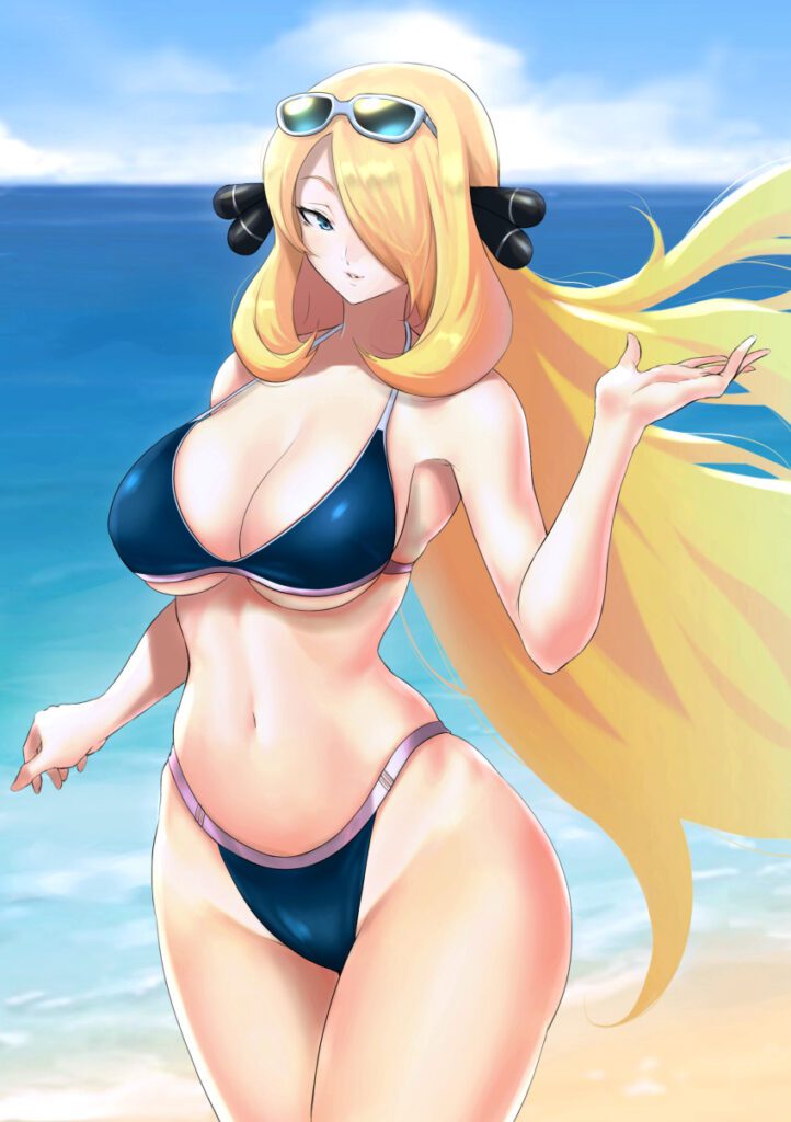 Cynthia Hentai Art Solo Large Breasts Bikini Cleavage Wide Hips