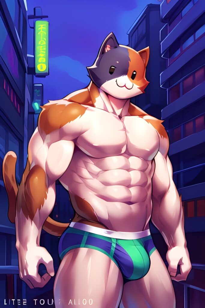 Meowscles Hentai Art Brown Fur Abs Blue Sky Blue Fur White Body