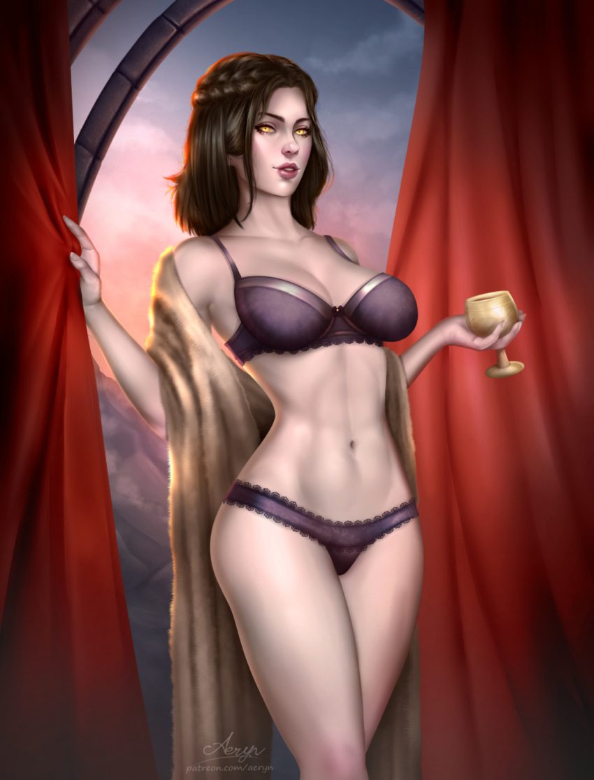 skyrim-game-hentai-–-lipstick,-holding-goblet,-sunshine,-looking-at-viewer,-bra,-thin-waist,-panties