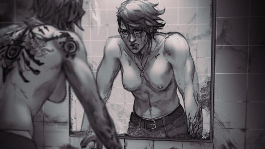 league-of-legends-sex-art-–-bathroom,-short-hair,-tattoos,-muscular-female,-tattoo,-ribbedtank,-topless