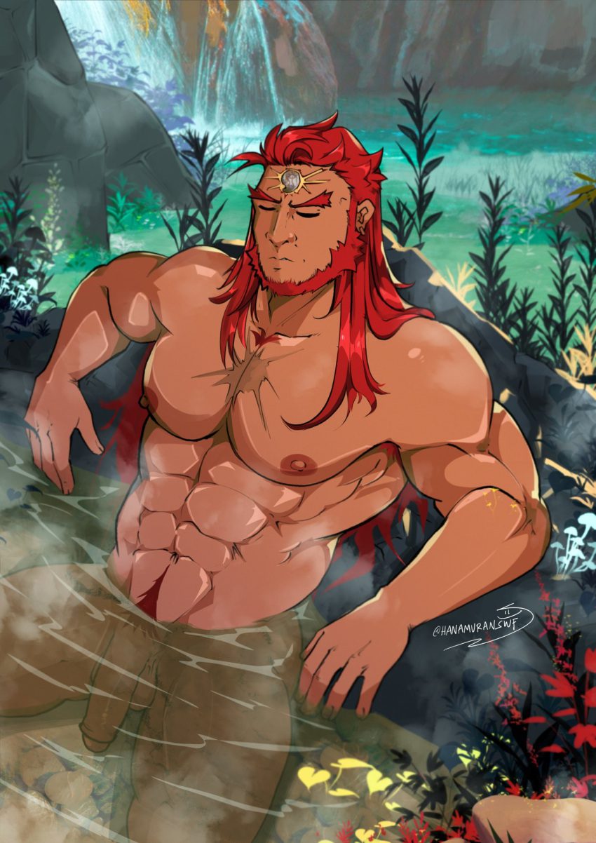 the-legend-of-zelda-hentai-art-–-solo,-nipples,-navel,-hot-spring,-bara