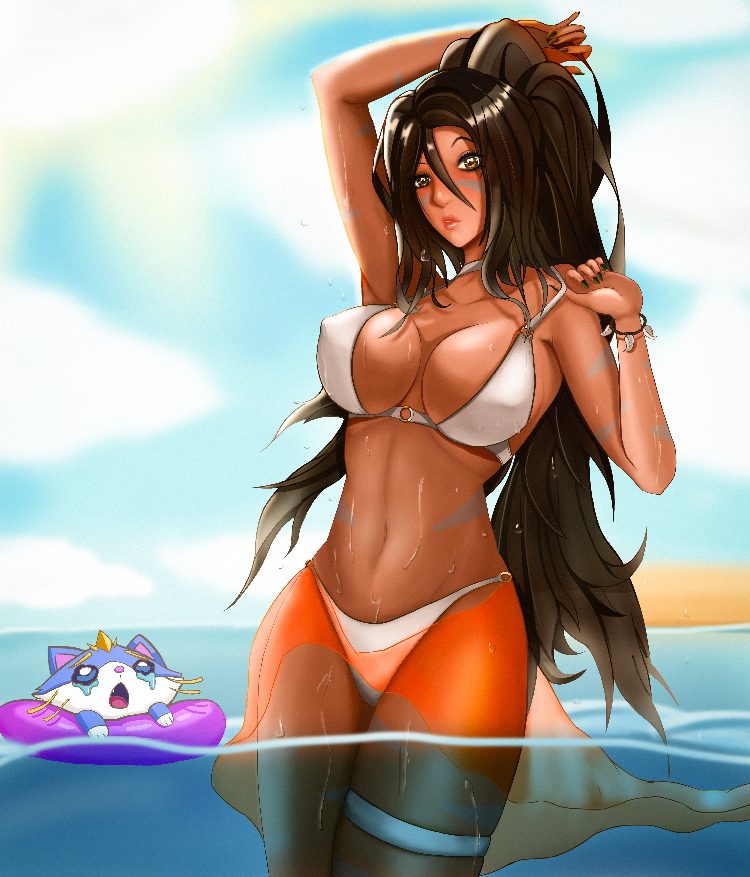 league-of-legends-rule-–-ponytail,-wet,-artwork),-nidalee,-orange-eyes-female,-big-breasts