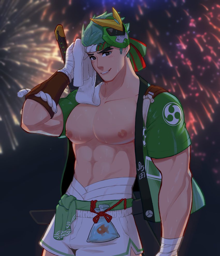 overwatch-hentai-art-–-happi-(clothing),-solo,-wiping-sweat,-big-pecs,-muscular-male,-sweat,-jonigiri