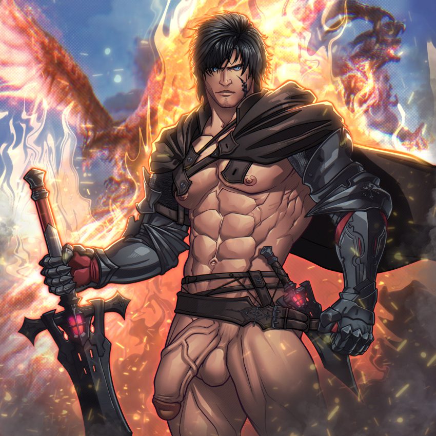 final-fantasy-free-sex-art-–-half-erect,-male-focus,-penis,-muscular-legs,-black-hair,-muscular-arms