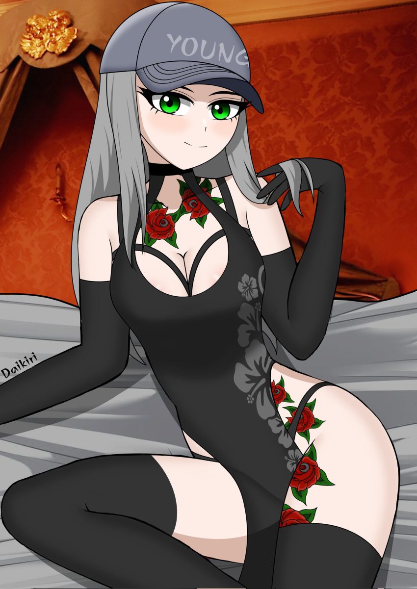 chigusa-sex-art-–-on-bed,-green-eyes,-dress,-grey-hair,-choker