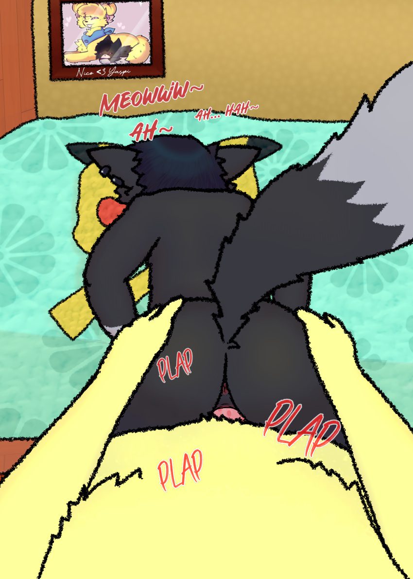 pokemon-hentai-art-–-feline,-domestic-dog,-male,-bed,-yellow-body,-canid,-black-body