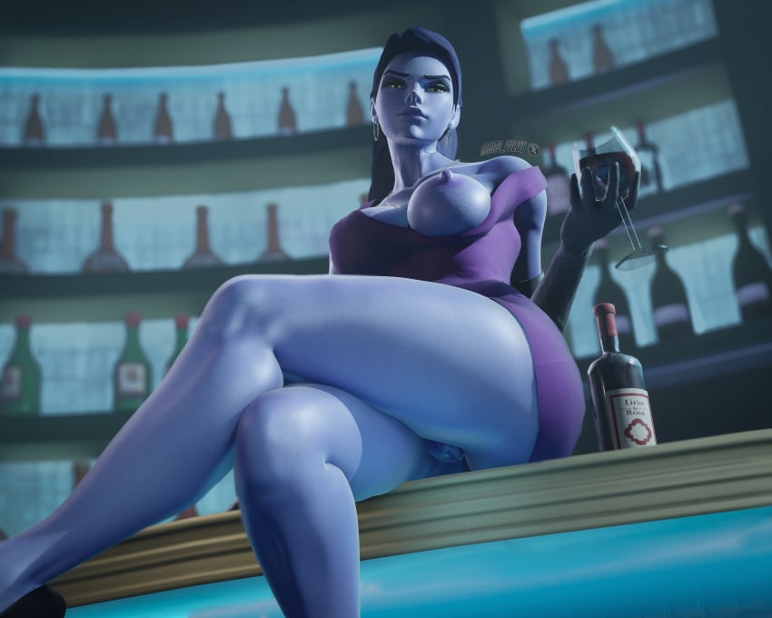 overwatch-sex-art-–-necklace,-neckwear,-purple-dress,-earrings,-holding-drink,-exposed-pussy