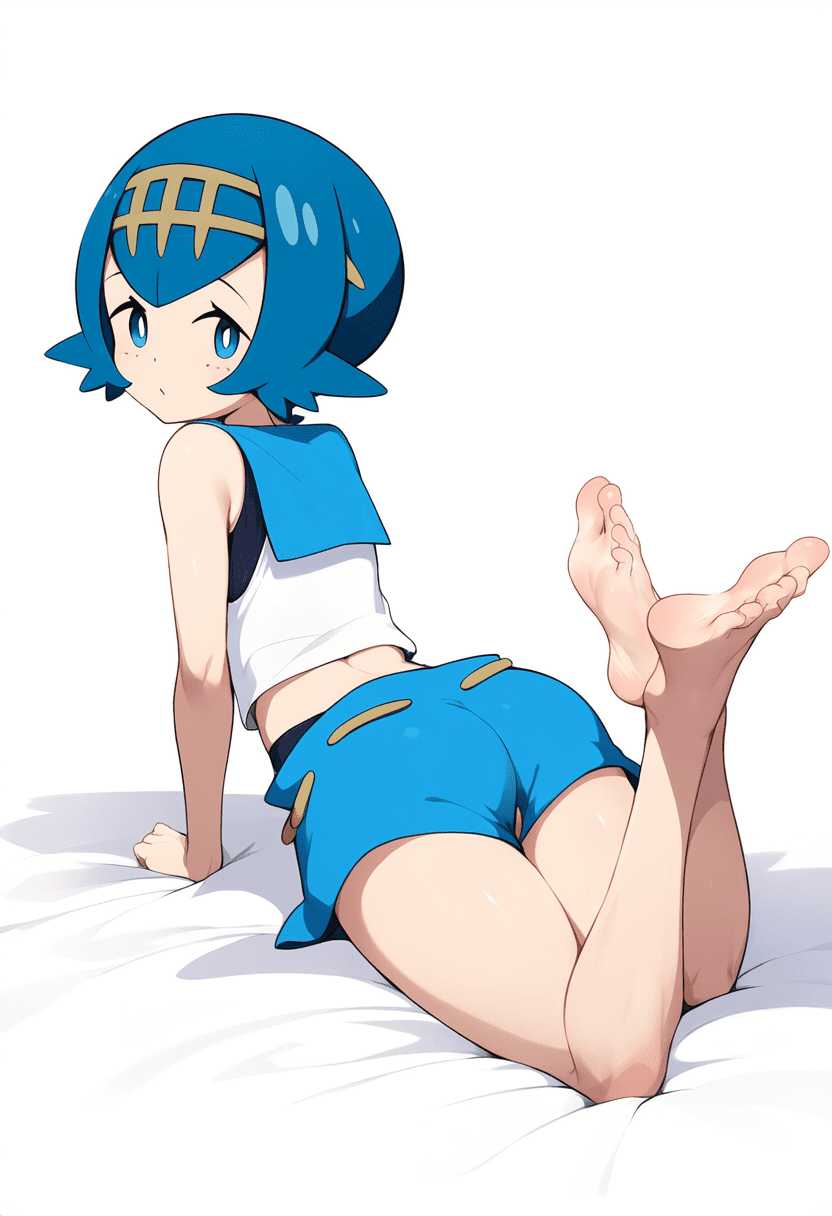 lana-rule-–-looking-at-viewer,-shortstack,-feet,-freckles,-hair-ornament,-blue-hair,-shorts