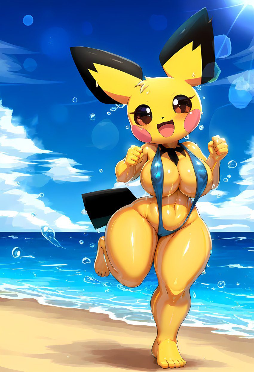 pokemon-hentai-porn-–-anthrofied,-ai-generated,-swimsuit,-solo,-oiled-skin,-mostly-nude