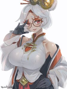 the-legend-of-zelda-game-hentai-–-red-framed-eyewear,-round-eyewear,-red-eyes,-purah,-white-jacket