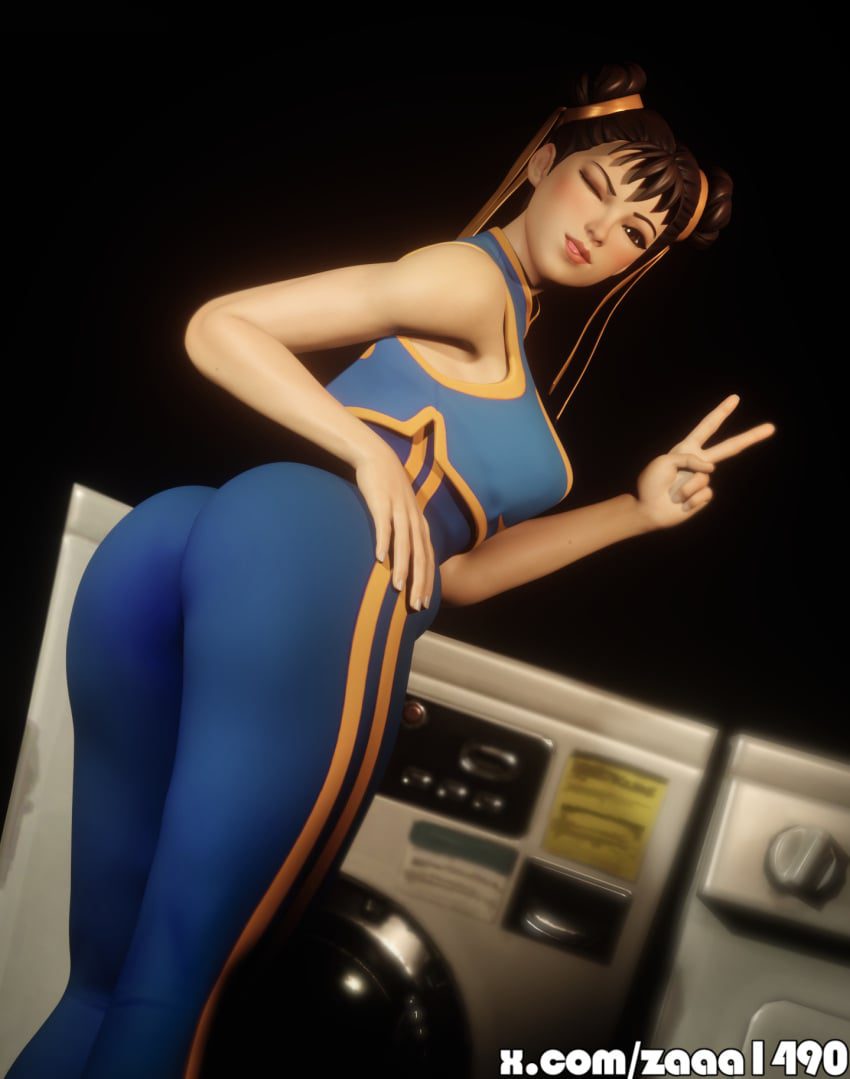 chun-li-hentai-art-–-posing,-yoga-pants,-pose,-female,-peace-sign