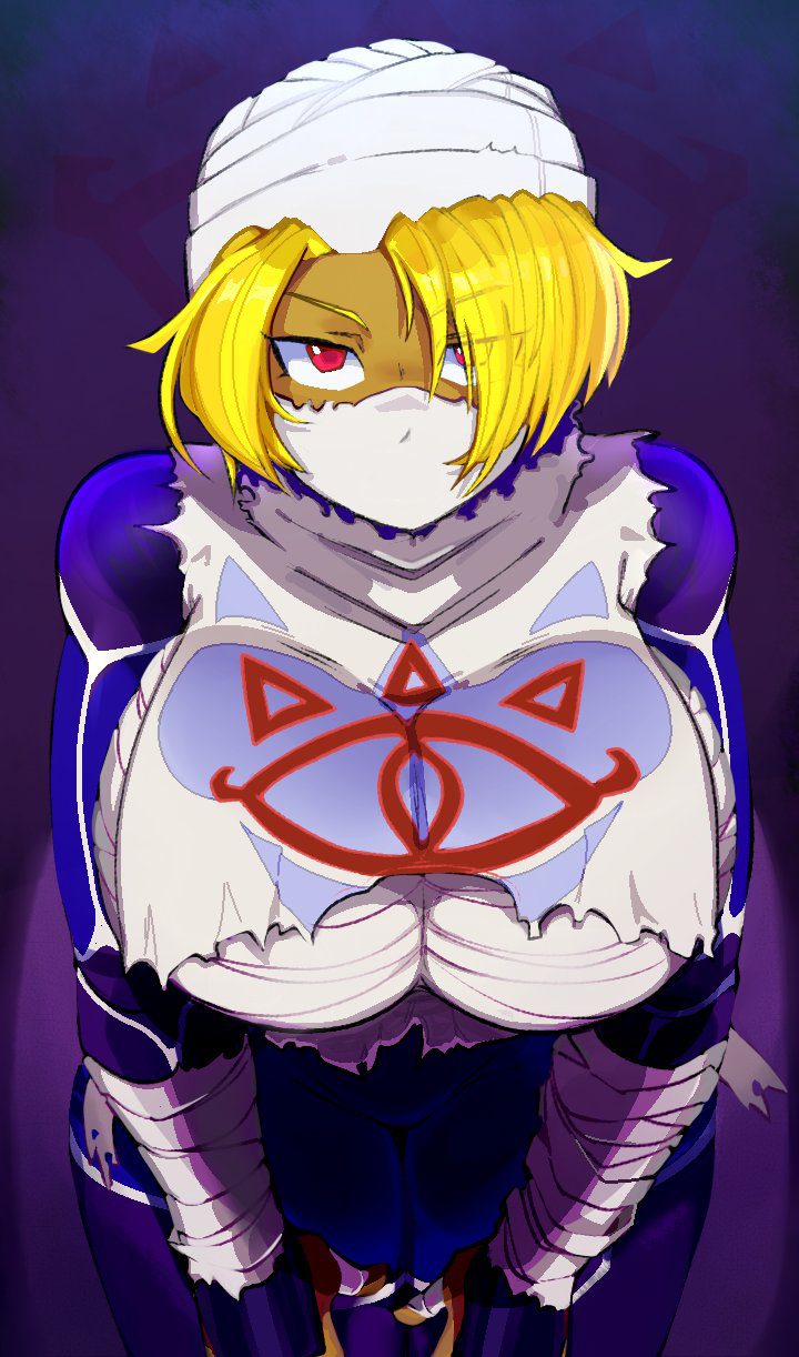 the-legend-of-zelda-game-hentai-–-red-eyes,-bonne,-blonde-hair,-bandage,-bangs-over-one-eye,-bending-over