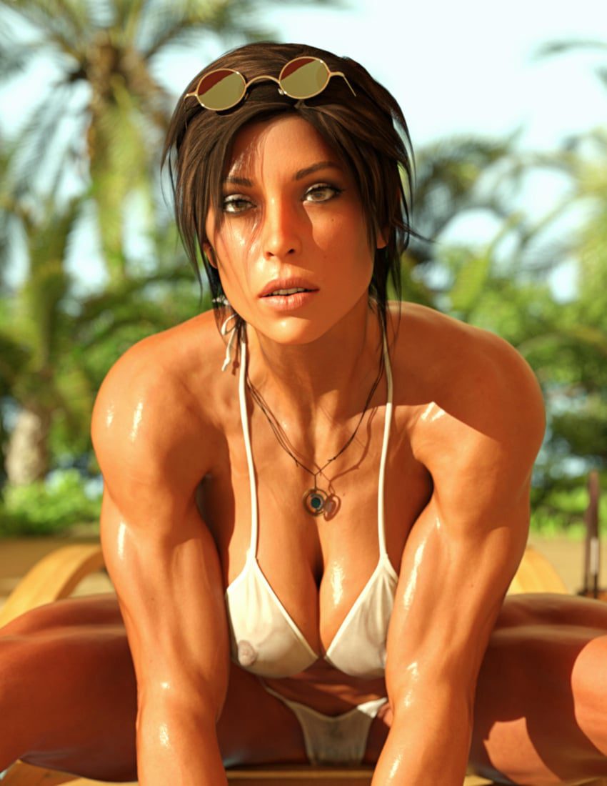 tomb-raider-hentai-–-seated,-wet-body,-white-bikini,-epth-of-field,-large-breasts