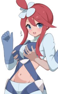 skyla-game-hentai-–-red-hair,-suspenders,-disembodied-hand,-topknot,-blush,-short-hair-with-long-locks,-game-freak