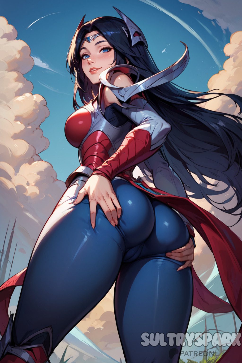 league-of-legends-game-hentai-–-long-hair,-ai-generated,-from-below,-irelia-xan,-clothing-cutout,-blue-eyes,-day