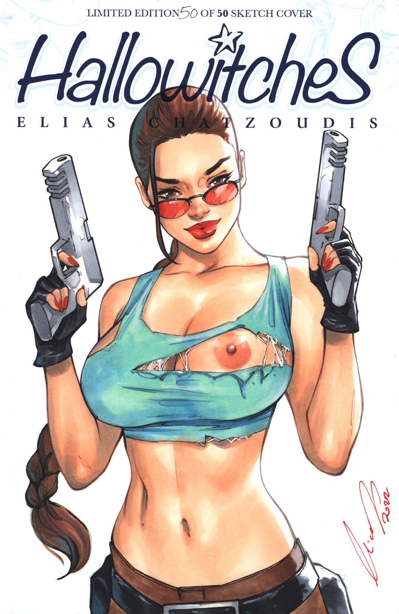 tomb-raider-hentai-art-–-areolae,-weapon,-braid,-red-tinted-eyewear,-female-focus,-tied-hair