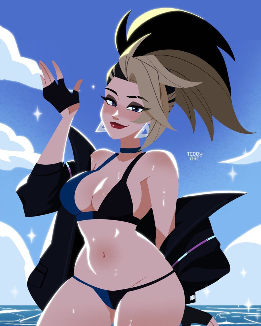 league-of-legends-hentai-art-–-blonde-hair,-waving,-earrings,-sweat,-choker,-cleavage