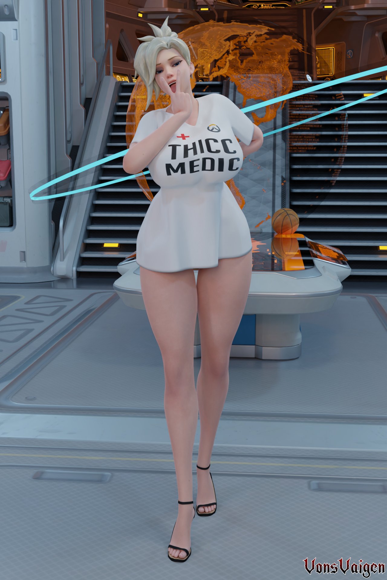 overwatch-hentai-porn-–-looking-at-viewer,-ponytail,-smile,-solo,-white-shirt,-hourglass-figure,-t-shirt